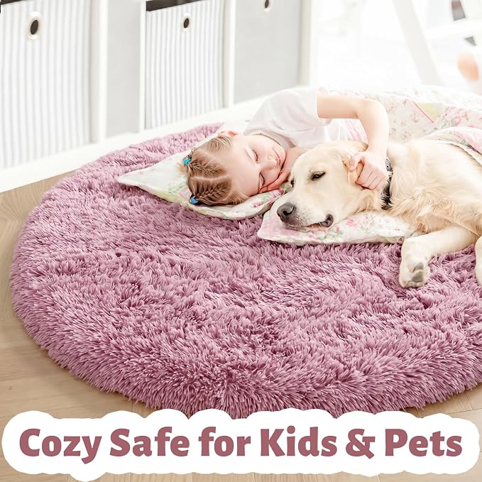 Amdrebio Mauve Pink Round Fluffy Rug 4Ft - Image 3