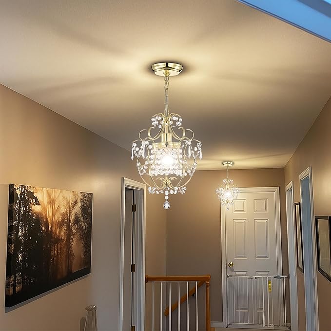 Small Crystal Chandelier for Bedroom, 90% Pre-Assembled 1 Light Gold Chandelier, Mini Acrylic Crystal Ceiling Light Fixture Charming for Girls Room, Closet, Bathroom, Entryway, Dining Room