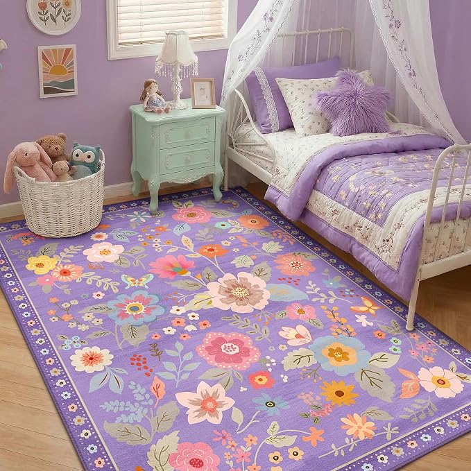 RELEANY Floral Washable 6x9 Area Rugs Purple/Pink | Flower Carpet Print Boho - Image 9