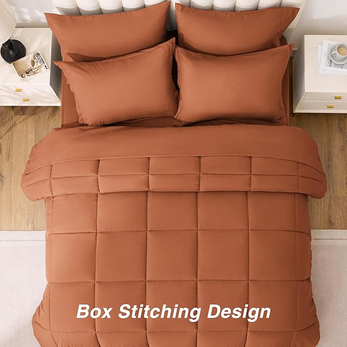 Love's cabin King Size Comforter Set Burnt Orange, 7 Pieces King Bed in a Bag, All Season Bedding Sets with 1 Comforter, 1 Flat Sheet, 1 Fitted Sheet, 2 Pillowcase and 2 Pillow Sham