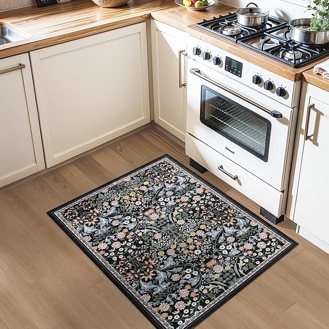 PLHXFR 2x3 Small Entryway Rug: Floral Washable Indoor Carpet Dark Black | - Image 4