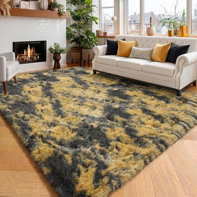 Amdrebio Black Gold Grey Fuzzy Area Rug 4x6 by Amdrebio