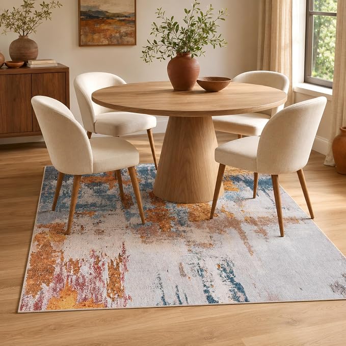 Area Rug 4x6 Orange Blue Rug Washable Boho Rugs Non Slip Low Pile Abstract - Image 4