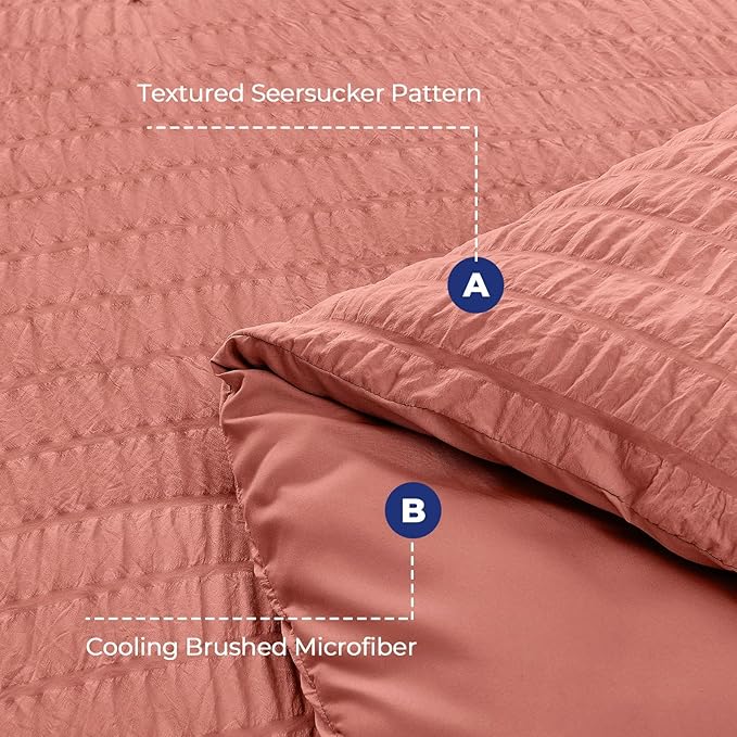 HYMOKEGE Coral California King Comforter Set Seersucker 7 Pieces, All Season Luxury Bed in a Bag for Bedroom, Bedding Set with Comforter, Sheets, Pillowcases & Shams
