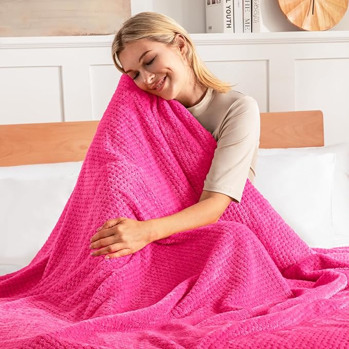Exclusivo Mezcla Fleece Bed Blanket Twin Size, Super Soft and Warm Blankets for Couch, Sofa and Bed Waffle Textured, Cozy, Fuzzy and Lightweight (Hot Pink, 90x66 Inches)