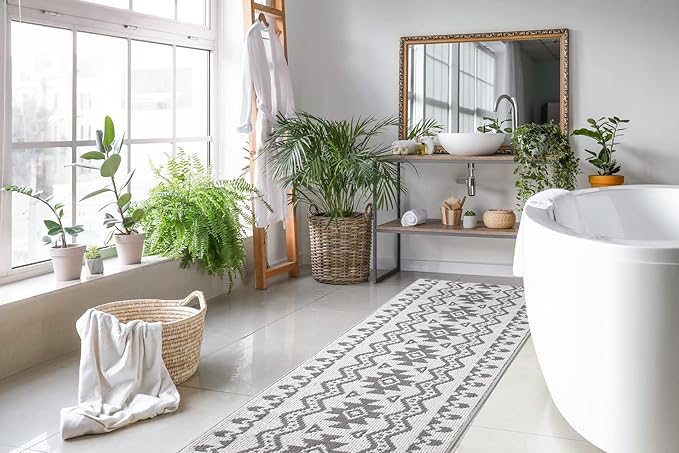 Custom Size Southwestern Style Runner Rug Mat for Wide Hallway Entryway Kitchen Laundry Room with Slip Resistant Latex Rubber Backing, Aztec Light Grey, 31 inch X 15 feet