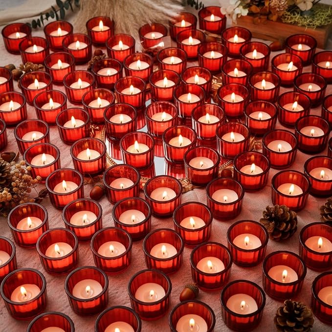 Mumufy 100 Pack Glass Tealight Candle Holder Ribbed Votive Candle Holder for Centerpiece Wedding Proposal Spa Aromatherapy Meditation Home Decor (Red)