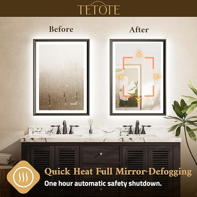 TETOTE 28x36 LED Mirror for Bathroom Black Metal Frame Frontlit & Backlit Lighted Vanity Mirror Baroque Gothic Anti Fog Stepless Dimmable White/Warm/Natural,CRI90+,Waterproof(Horizontal/Vertical)