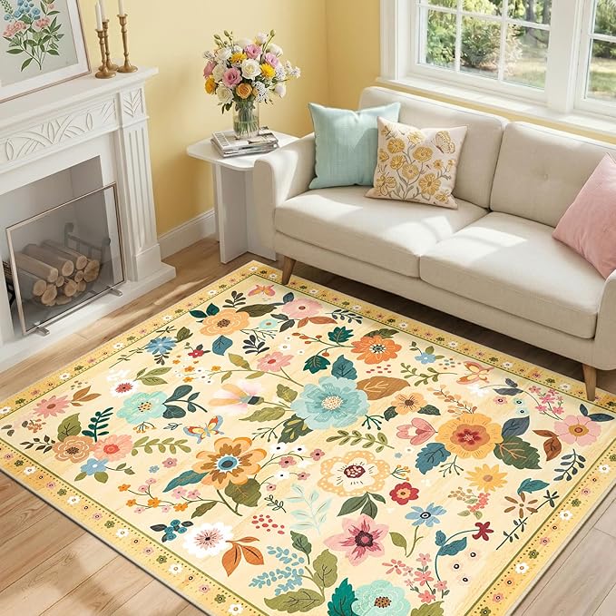 RELEANY Floral Washable 3x5 Area Rugs Ivory/Yellow | Flower Carpet Print Boho - Image 2
