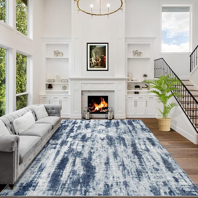 4x6 Area Rugs for Living Room: Washable Abstract Blue Grey Badroom Carpet | by GENTDRIZZ