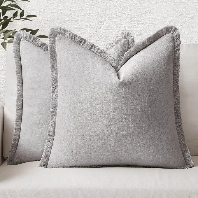 MIULEE Boho Linen Fringe Decorative Throw Pillow Covers Light Grey 20x20 | Set by MIULEE