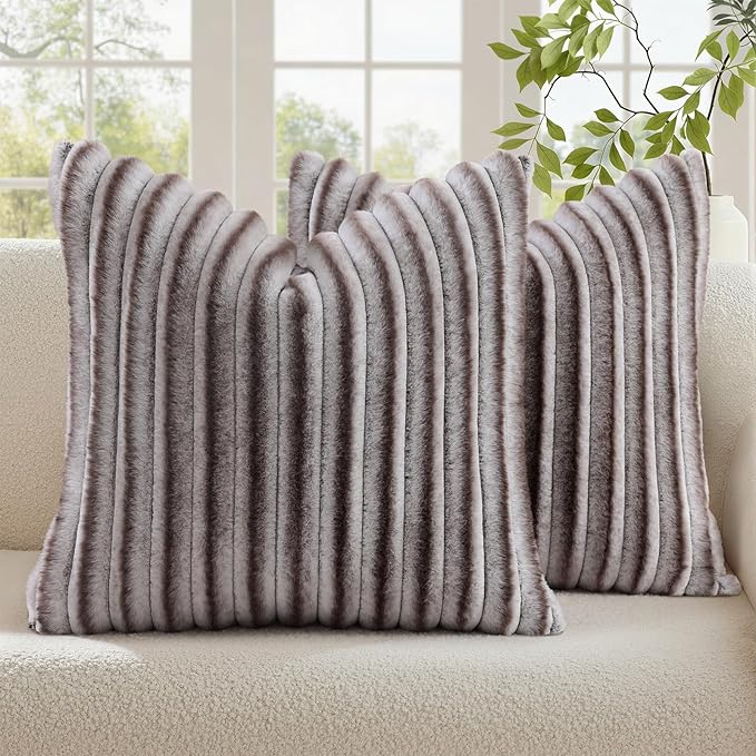 decorUhome Fall Faux Fur Throw Pillow Covers 16x16 Set of 2 Brown White | by decorUhome