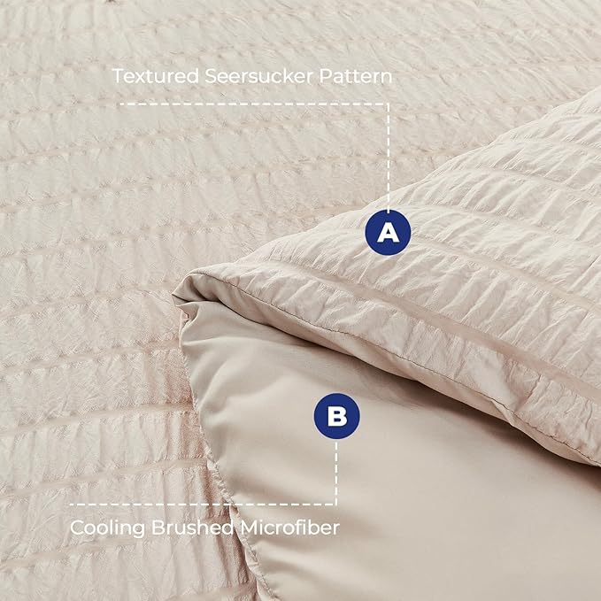 HYMOKEGE Beige King Size Comforter Set Seersucker 7 Pieces, All Season Luxury Bed in a Bag for Bedroom, Bedding Set with Comforters, Sheets, Pillowcases & Shams