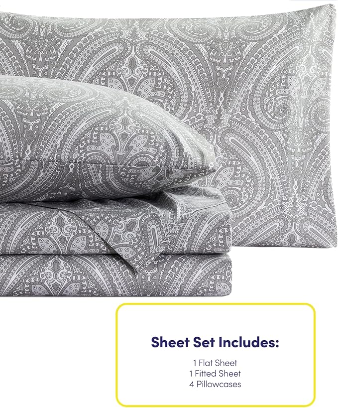 Queen Sheets Paisley Grey - 6 Piece 1500 Supreme Collection Fine Brushed Microfiber Deep Pocket Queen Sheet Set Bedding - 2 Extra Pillow Cases, Great Value, Queen, Paisley Gray