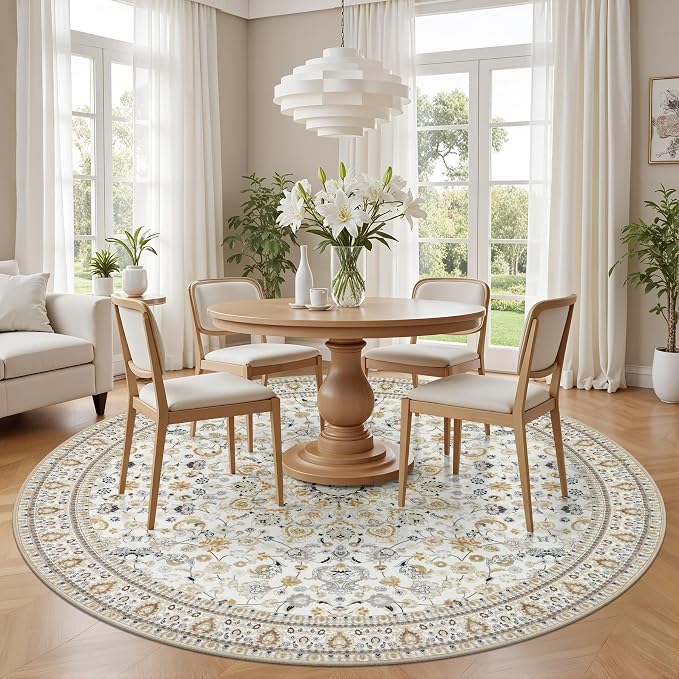 Round Area Rug for Living Room: 4ft Washable Rug for Bedroom Beige | Vintage - Image 3