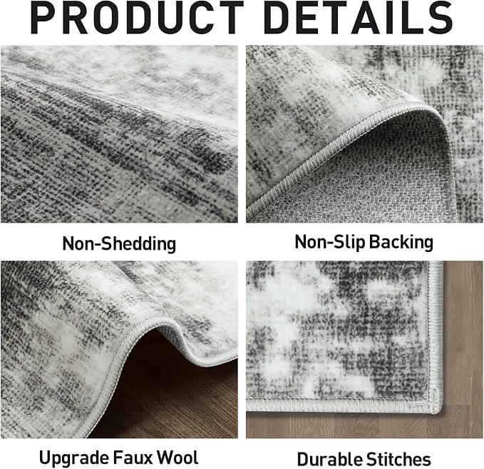10x14 Area Rugs for Living Room: Washable Abstract Black Grey Carpet | Non-slip - Image 7