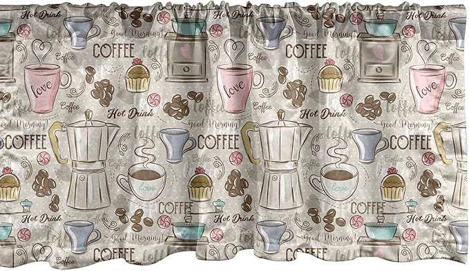 Ambesonne Modern Window Valance Pack of 2, Coffee Time Vintage Espresso Machine Cupcakes Beans Design, Rod Pocket Curtain Valances for Kitchen Bedroom, 54" X 18", Pale Pink Beige