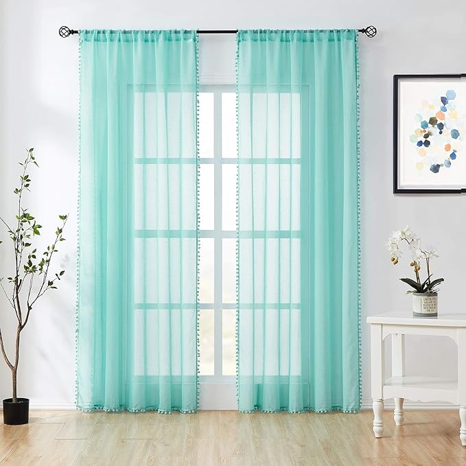 Treatmentex Pompom Sheer Curtains for Kids-Room 72" Aqua-Blue Slub Textured Window Sheer Panels for Bedroom Living Room 52" Wide, 2 Panels Rod Pocket