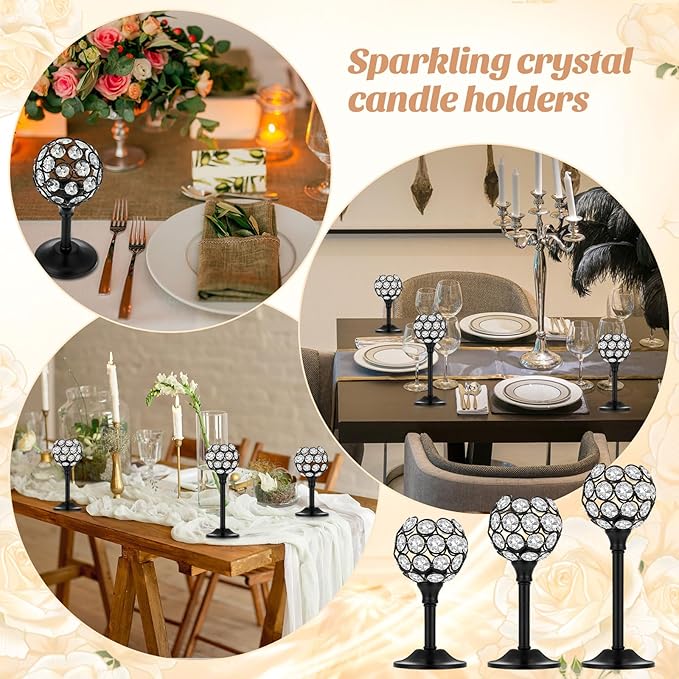 Qunclay 18 Pieces Crystal Candle Holders Bulk Candle Stick Holder Centerpieces for Table Wedding Centerpieces Crystal Decorative Tealight Dining Table Decor for Party(Black)