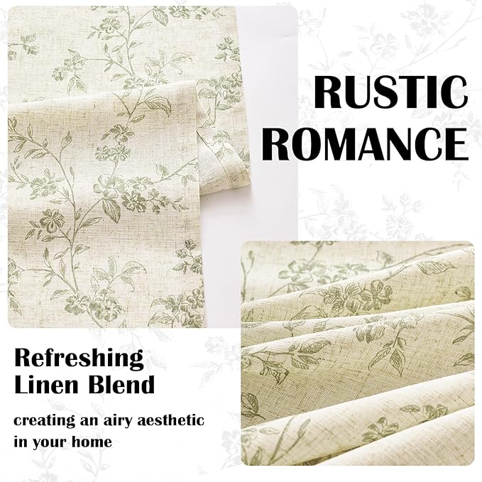 Green Vintage Floral Linen Curtains Farmhouse 50W X 84L 2 Panels | Elisa Series - Image 4