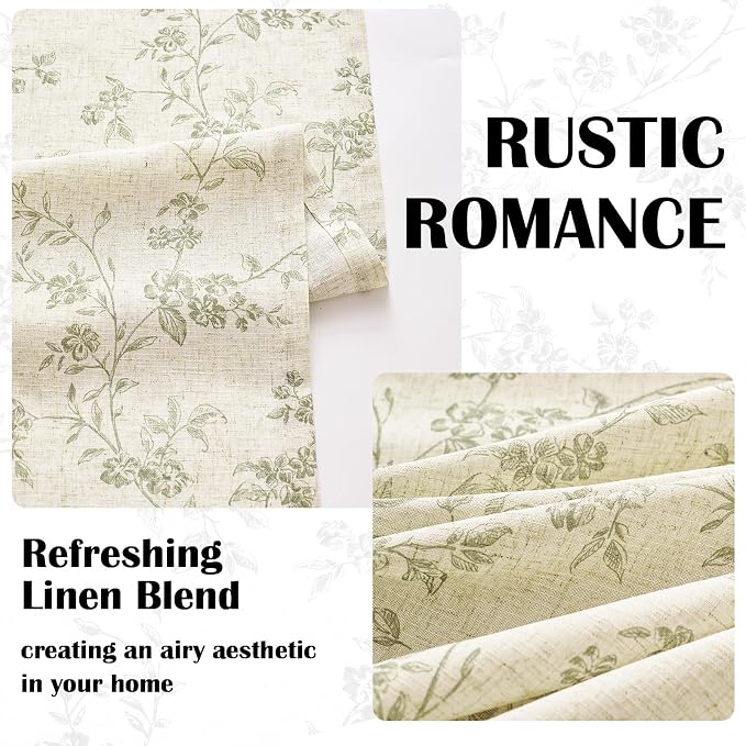 Green Vintage Floral Linen Curtains Farmhouse 50W X 63L 2 Panels | Elisa Series - Image 4
