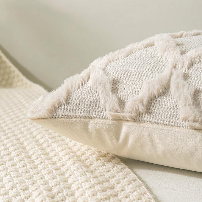 Set of 2 Beige Morrocan Decorative Pillow Covers 26x26 Inch Fluffy Boho Throw - Image 7