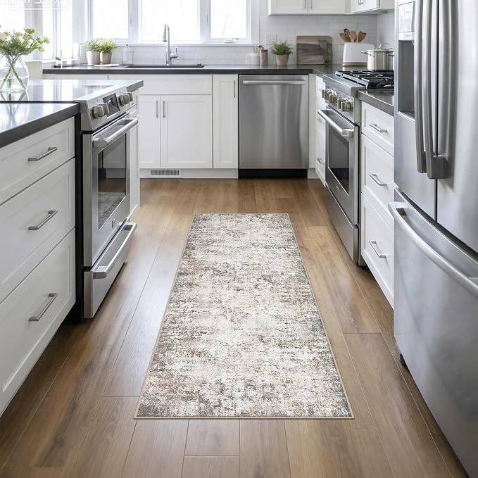 2x6 Washable Runner Rug：Modern Abstract Kitchen Soft Carpet Brown | by FXRHLP