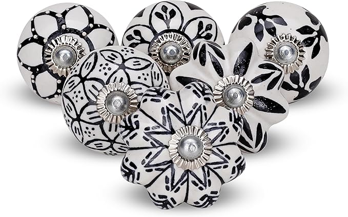Black & White Cabinet Knobs Ceramic Assorted knobs for Drawers Cupboard and Wardrobe Furniture Door Pull Handles for Dresser Kitchen Wardrobes Boho Home Interior Decor - Pack of 25