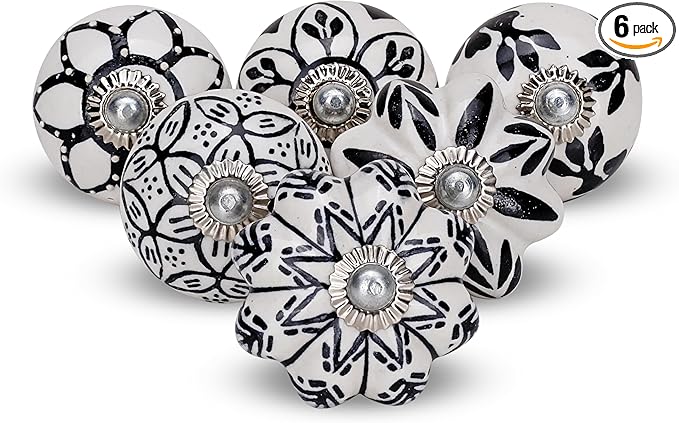 Cabinet Knobs Assorted knobs for cabinets and Drawers Black & White Cupboard Wardrobe Furniture Door Pull Handles for Dresser Kitchen Wardrobes Boho Home Interior Decor -Pack of 6
