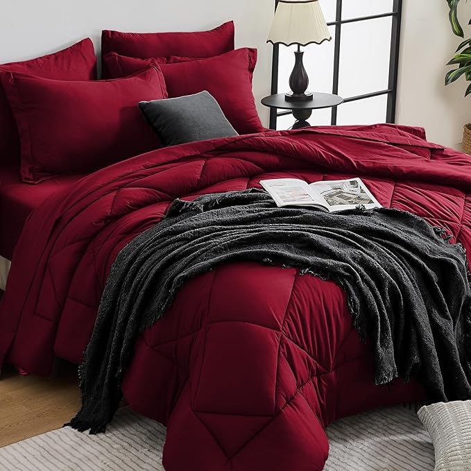 HEVUMYI Red Full Comforter Set - 7-Piece All Season Bed in a Bag Full, Ultra Soft Bedding Set with Comforter, Flat Sheet, Fitted Sheet, Pillowcases, Pillow Shams