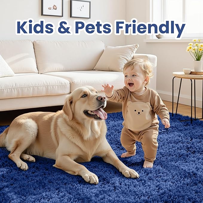 5x7 Fluffy Shag Area Rugs for Living Room Bedroom: Soft Plush Carpet Blue | - Image 3