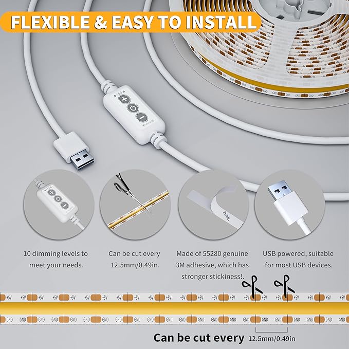 PAUTIX COB LED Strip Light 6.56ft/2m, 640LEDs 1200lm Dimmable 5V USB LED Strip White 4000K CRI90+ TV Backlight,USB Powered Flexible Under Cabinet LED Tape Light for Bedroom,Kitchen,Home DIY Lighting