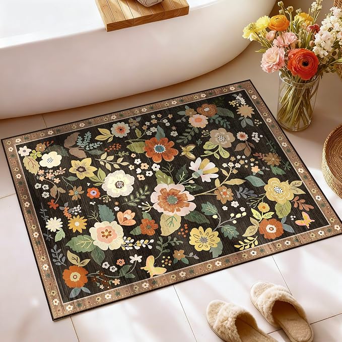 RELEANY Floral Washable 2x3 Area Rugs Doormat Black/Yellow | Flower Carpet - Image 8