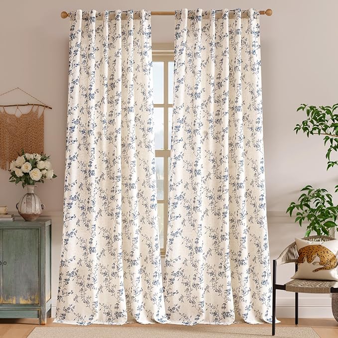 Blue Vintage Floral Linen Curtains Farmhouse 50W X 96L 2 Panels | Elisa Series - Image 2