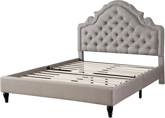 HomeLife Premiere Classics 51" Tall Platform Bed with Cloth Headboard and Slats - Full (Light Grey Silver)