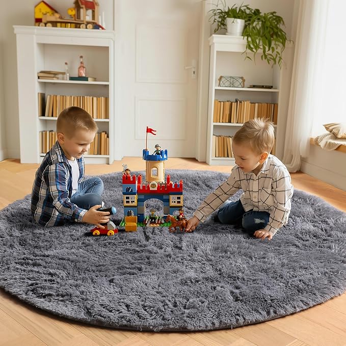 Grey Round Area Rugs 5ft, Fluffy Plush Shaggy Carpet - Image 3
