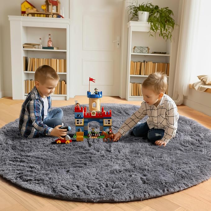 Grey Round Area Rug 4ft, Fluffy Plush Shaggy Carpet Mats - Image 4
