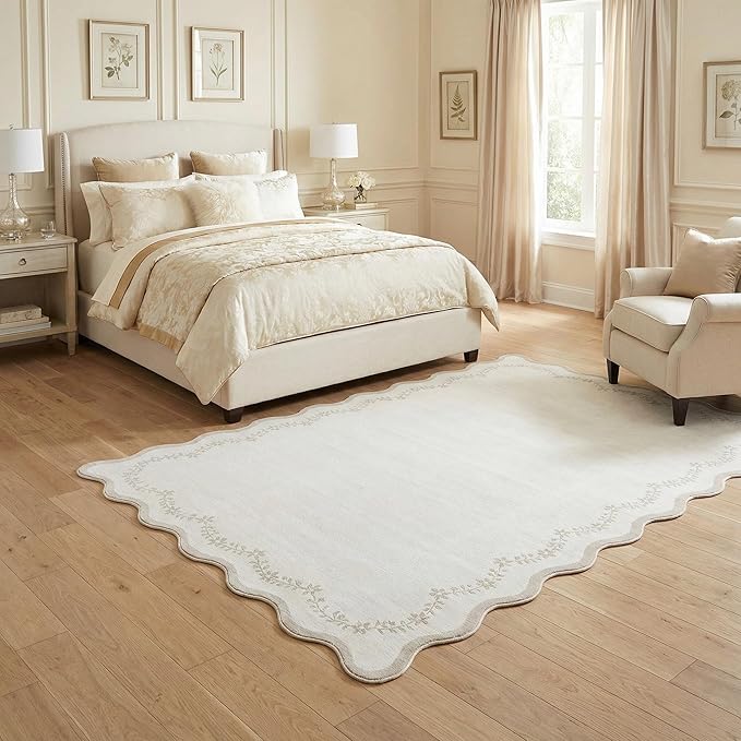 GarveeHome 5x7 Scalloped Area Rug Beige Washable Bedroom Living Room Rug | Soft - Image 2