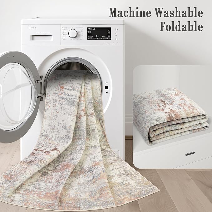 2.6x14 Washable Runner Rug:Modern Abstract Indoor Soft Carpet Taupe | - Image 6