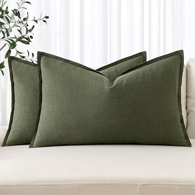 MIULEE Decorative Linen Lumbar Pillow Covers 12x20 Inch Dark Olive Green | Boho by MIULEE