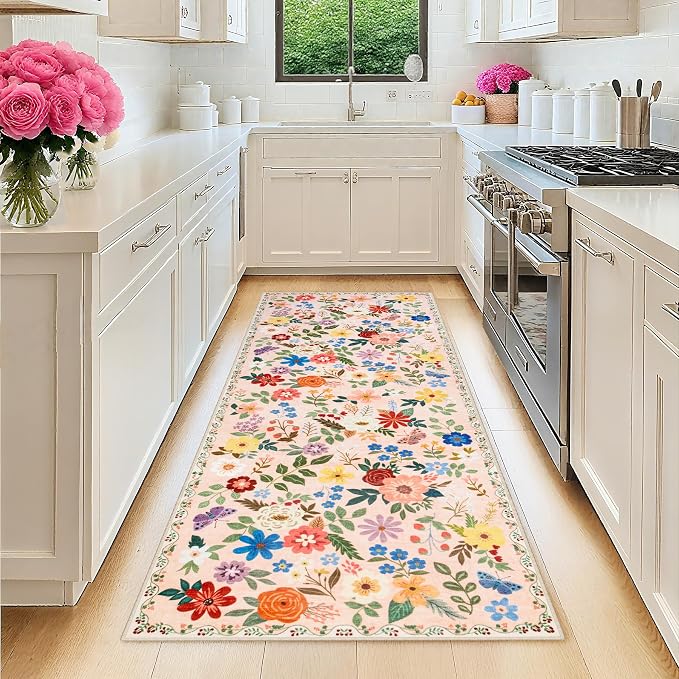 PLHXFR 2x6 Washable Runner Rug：Floral Indoor Kitchen Soft Carpet Beige | by PLHXFRSoftAreaRugs