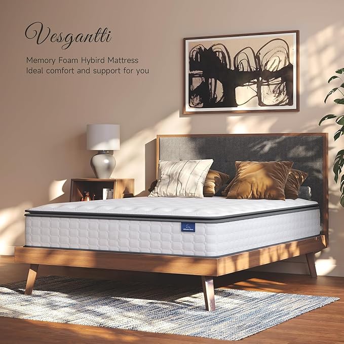 Vesgantti Twin XL Mattress, 12 Inch Hybrid XL Twin Mattress in a Box, Extra Long Pillow Top Twin Mattresses, Gel Memory Foam and Pocket Coils Innerspring Mattresses, Medium Firm Plush Feel