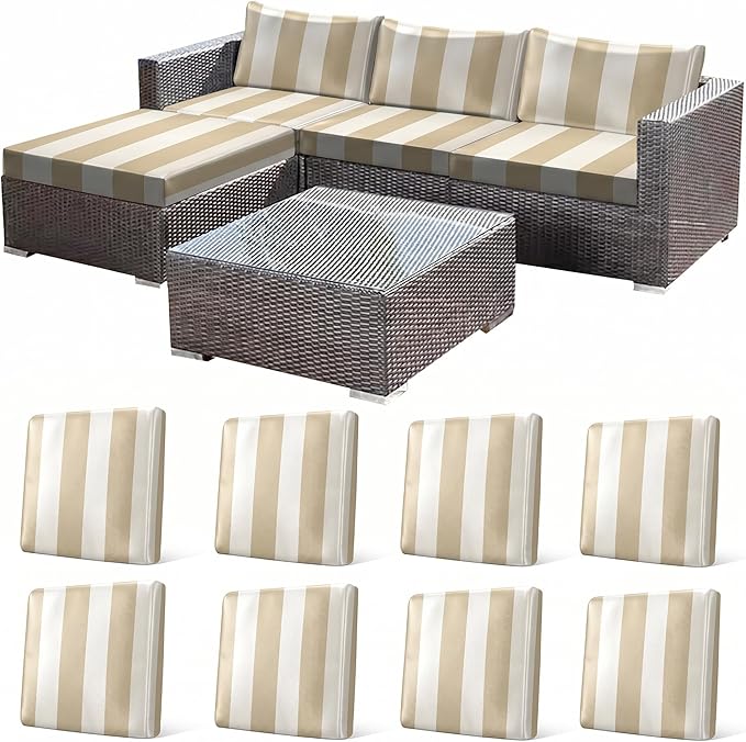 CALBODE 8 Pcs Outdoor Seat Cushion Covers, Striped Stretch Chair Seat Cover by CALBODE