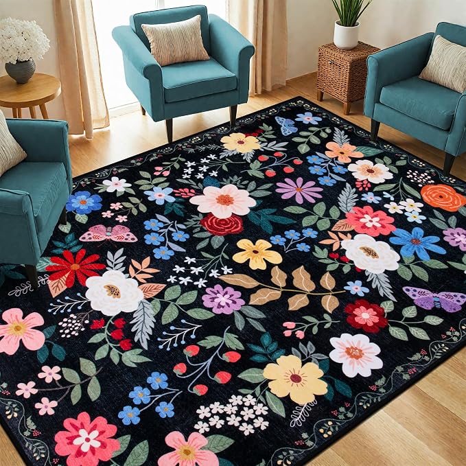 PLHXFR Area Rug Living Room: 4x6 Floral Washable Boho Soft Carpet Black | - Image 2
