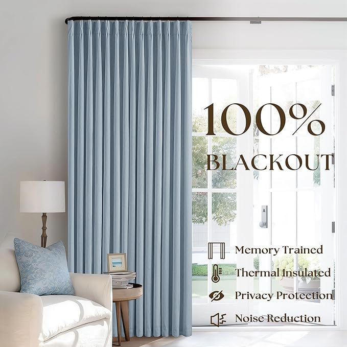 Light Blue Pleated Linen Blackout Curtains 90 Inches Long 2 Panels W40xL90 | - Image 2