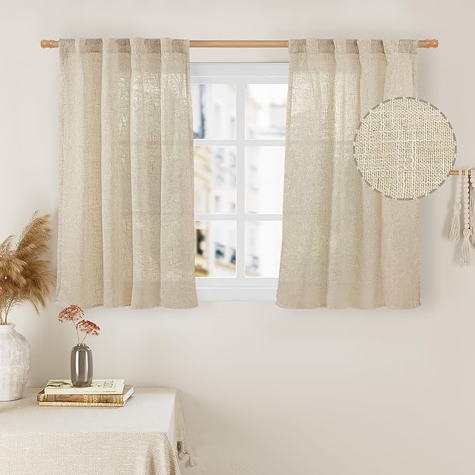 Linen Curtains 40 Inch Length 2 Panels, Light Filtering Panels | Semi Sheer by LAMIT