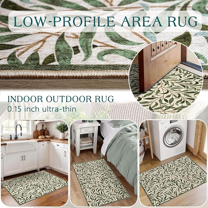 Front Door Mat Outside Entrance, 2x3 Boho Sage Olive Green Leaf Rug | Non-Slip - Image 6
