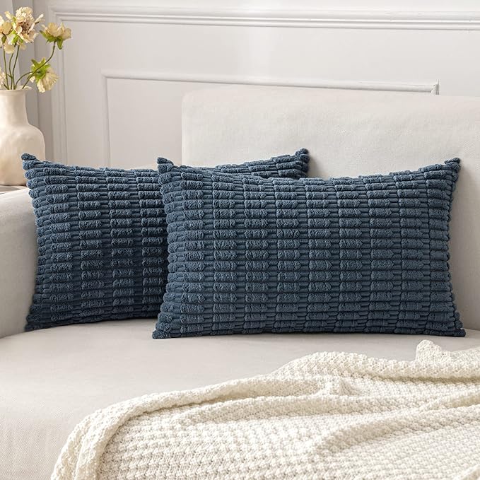 MIULEE Lumbar Corduroy Decorative Throw Pillow Covers 12x20 Blue Pack of 2 | by MIULEE