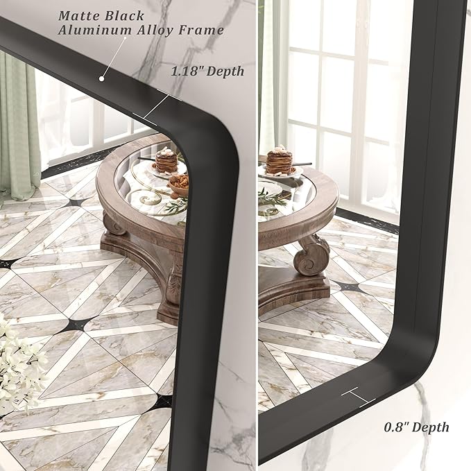 32x36 Inch Black Metal Framed Bathrrom Mirror for Wall, Black Rounded Rectangle Mirror, Matte Black Bathroom Vanity Mirror, Anti-Rust, Tempered Glass, Hangs Horizontally or Vertically