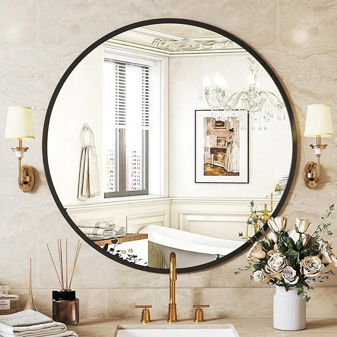 Sweetcrispy Black Round Wall Mirror 24 Inch, Bathroom Mirrors for Over Sink, Circle Mirror for Bathroom, Entryway, Bedroom, Vanity